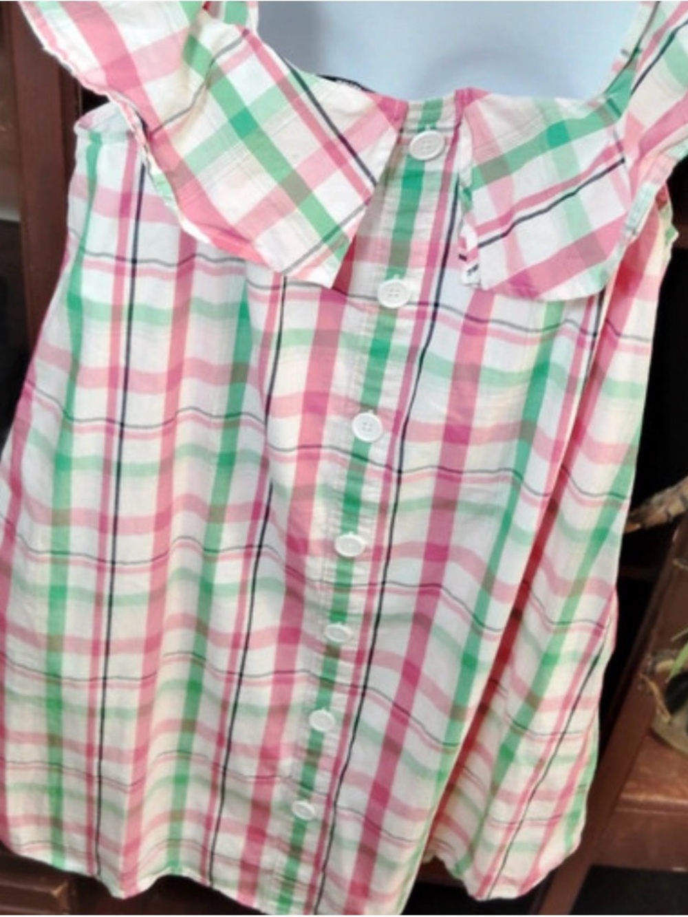 crown & ivy Pink and Green Plaid Ruffle-Shoulder Button-Front Top - Picture 3 of 6